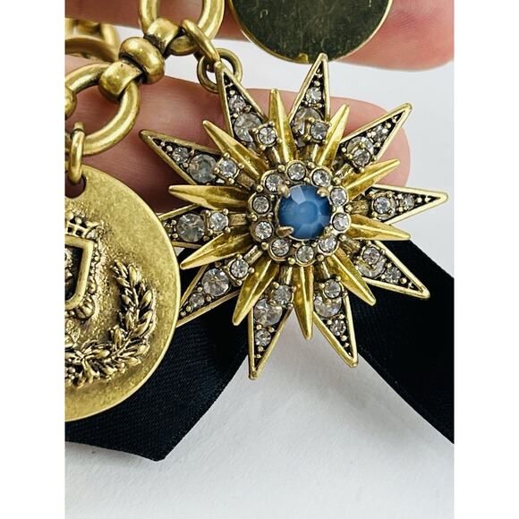 J.Crew Coin Charm Necklace Crystal Star Black Chunky Gold Heavy Rare Unique Disc - Picture 6 of 16